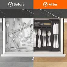 Cutlery Drawer Organizer, Expandable Kitchen Utensil Tray, Cutlery And Knife Holder, Adjustable Plastic Spoon, Fork, And Knife Storage Box - màu đen - Xem 4