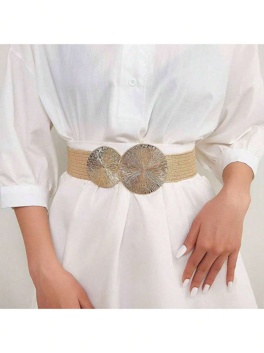 Cinto feminino de cor sólida, estilo retrô, fofo, elegante, chique, para festas de rua, sexy e para o trabalho, com elástico na cintura (1 unidade). Adequado para todas as estações. - Camelo - Ver 1