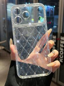 Rhinestone Plaid TPU Phone Case Compatible With IPhone 17, Anti-Drop Protective Cover - Clear - View 5