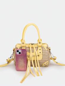 1个黄色拼接铆钉镶嵌金属流苏装饰沙滩度假风草编包，带PU元素，环形可调节肩带，拉链闭合，复古甜美朋克Y2K风格方形手提包，休闲奢华女士斜挎包，可装手机、卡包，适合日常、旅行、购物 - 黃色 - 查看 9