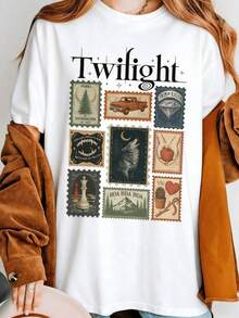 Vintage Twilight Movie Women T-Shirt, Retro Vampire And Wolves Graphic Tee, Y2K Oversized Classic 2000s Film Aesthetic Apparel, GothicHorror Romance - 白色 - 查看 2