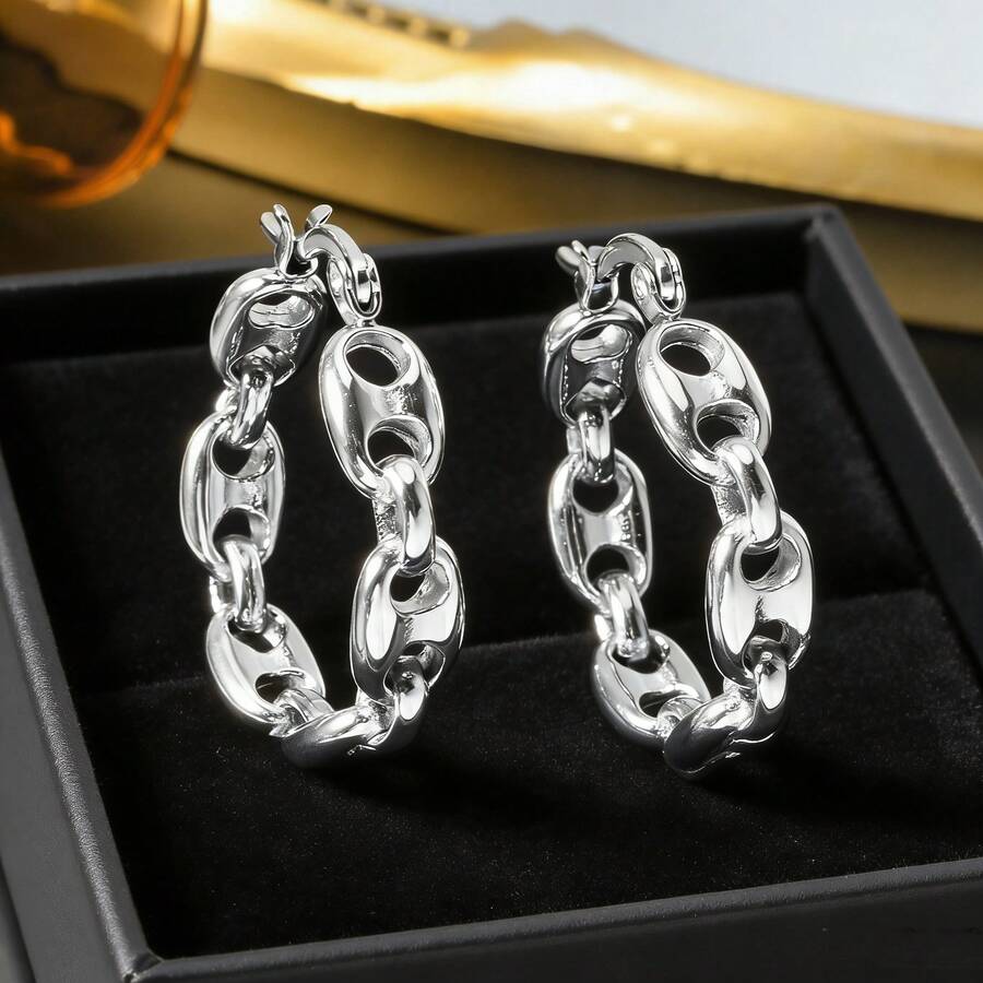 1 Pair Classic Fashion 18K White Gold Plated Coffee Bean Design Unisex Earrings, Fade-Resistant, Suitable For Daily Wear, Party, Banquet, Perfect Gift - Silver - View 1