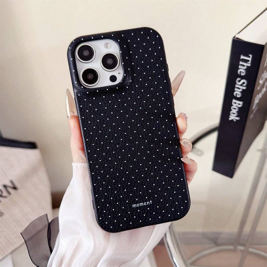 1pc Leather Texture Polka Dot Phone Case | "Moment" Minimalist Print | Slim TPU Cover | Compatible With Compatible With IPhone17/17Air/17PRO/17PROMAX/16/7/8/11/12/13/14/15/X/XR/Xs/Plus/Pro/Pro Max/SE2 - Multicolor - View 1