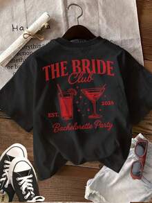 Women Double-Sided Vintage Star "THE BRIDE Club EST 2026" T-Shirt, Pure Cotton Bachelorette Party Short Sleeve Tee - 黑色 - 查看 11