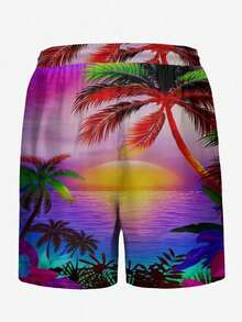 男士休闲短裤，夏季度假沙滩装，夏威夷椰树3D数码印花，时尚日常沙滩装，弹性腰带抽绳，轻盈透气面料 - 彩色 - 查看 3