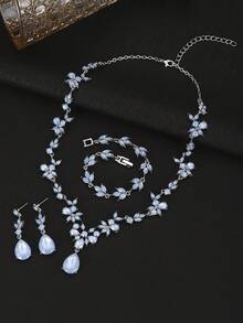 1 Necklace + 1 Pair Of Earrings + 1 Bracelet. Fashionable And Luxurious Bridal Crystal Necklace, Earrings And Bracelet. Wedding Party Jewelry Set. - Blue Protein - View 3