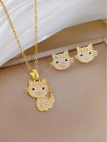 1 Set de Collar con Colgante de Gato y Aretes de Acero Inoxidable, Diseño Elegante y Versátil para Primavera/Verano, Regalo de Joyería - Gato - Talla única - Ver 5