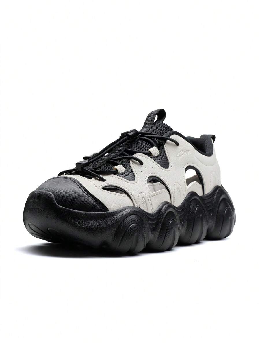 XTEP 爪形玛丽珍凉鞋 | 女士夏季透气轻便多功能运动鞋，厚底坡跟休闲鞋，白色/灰褐色/黑色 - 白塵灰/黑 - 查看 1