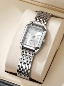1pc Women's Fashion Square Roman Numeral Dial Quartz Wrist Watch, Classic Elegant Style (Watch Only, No Box) - Silver - View 7