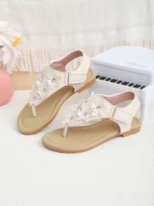 Milky White: Milky White Girls' Thong Sandals, Floral Crystal Princess Shoes, Soft Non-Slip Children's Beach Shoes, Little Girls' Summer Slippers - Beige - View 11