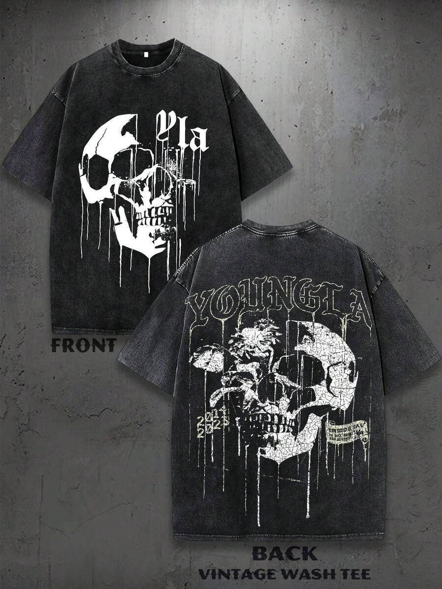 1PC Y2K Vintage Washed T-Shirt | Men's Graphic Tee | YLA Dripping Skull Design Pattern | Gifts For Men Or Boyfriend | 100% Cotton | 230Gsm Thickened Fabric | Unisex - 黑色 - 查看 1