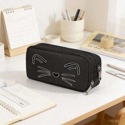 Cat Cute Large Capacity Oxford Cloth Pencil Case | Innovative Multi-Layer Stationery Storage With Smooth Zippers, Elastic Pen Slots, Mesh Pockets & Expandable Four-Grid Design For Easy School Desk Access,Back To School Supplies School Essentials