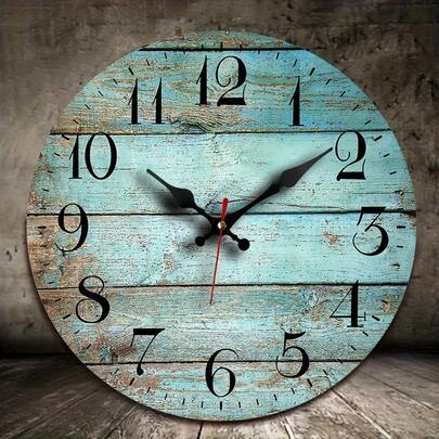 1 Piece Turquoise Wooden Silent Wall Clock, Turquoise Wood Grain Crack Vintage Round Wall Clock Decoration, Suitable For Home Kitchen Living Room Office, Battery Operated, AA Batteries Not Included,Battery Operated Wall Clock,Battery Wall Clock,Silent Wall Clock,Reloj De Pared,Room Decor,Clock