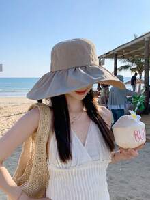 1 pieza Sombrero de verano para mujer, unicolor de ala ancha, sombrero de cubo de ala ancha, sombrero de mujer, sombrero de playa, adecuado para actividades al aire libre, vacaciones - MZ1669X - Ver 4