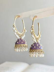 时尚波西米亚风鸟笼吊坠耳环，仿珍珠流苏耳环，适合女性日常佩戴、派对、婚礼及其他场合。 - 箍 - 查看 2