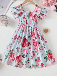 Girls' Floral Ruffle Jumpsuit For Summer Vacation - Baby Blue - View 3