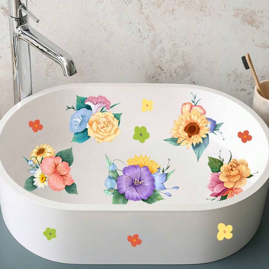 1pc Colorful Flower Sink Sticker, Waterproof Sunflower & Hibiscus Bathtub Decal, Removable Bathroom Toilet Sticker, For Home Decor - one-size - View 1