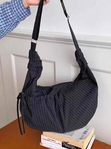 2026 Bolsa de Cordão Elegante Xadrez de Design de Nicho, Bolsa Transversal Versátil para Uso Diário - Preto - Visão 5