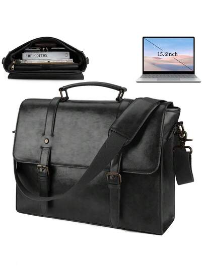 Men's Briefcase, 15.6-Inch Vintage PU Leather Briefcase With Adjustable Shoulder Strap And Buckle Details, Brown, Black