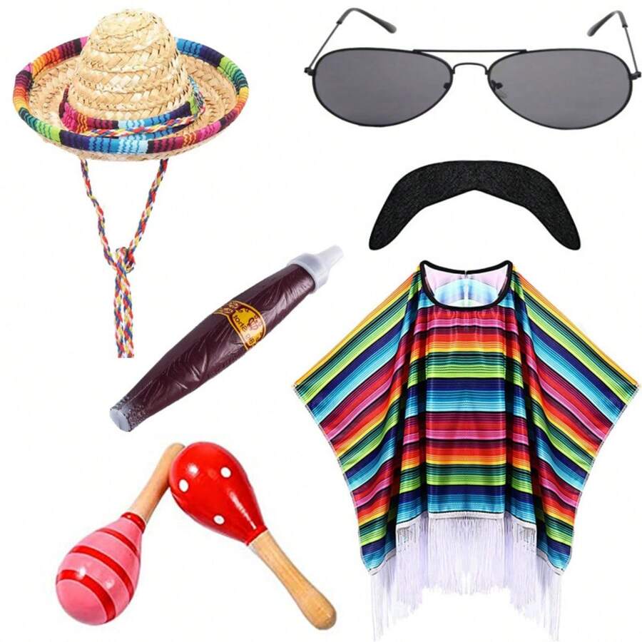 Áo choàng Halloween dành cho người lớn, áo choàng poncho kẻ sọc kiểu Mexico - Xem 1