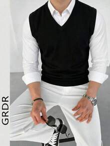 GRDR Áo vest dệt kim cổ chữ V màu trơn dành cho nam, kiểu dáng thường ngày, đa năng. - màu đen - Xem 4