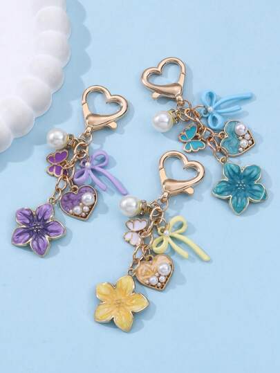 1pc Spring Enamel Flower, Butterfly, Pearl, Heart Shaped Metal Keychain, Sweet & Cute Vintage Bag Charm