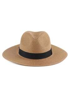 1pc Unisex Summer Sun Protection Straw Hat, Wide Brim Beach Hat, Travel Panama Hat - A - View 9