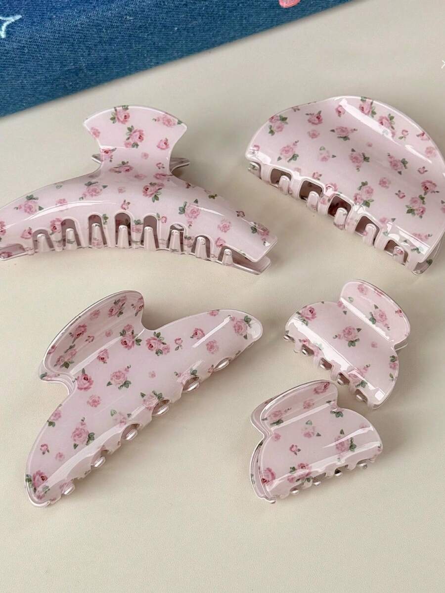 4 buc/1 buc cleme de păr cu gheare de flori, tonuri de roz și maro, cleme de păr cu gheare florale acrilice cu dinte, floare de trandafir dulce, accesorii de păr retro elegante pentru femei, cleme de păr de vară pentru plajă, vacanță, călătorie - Multicolor - Vizualizare 1