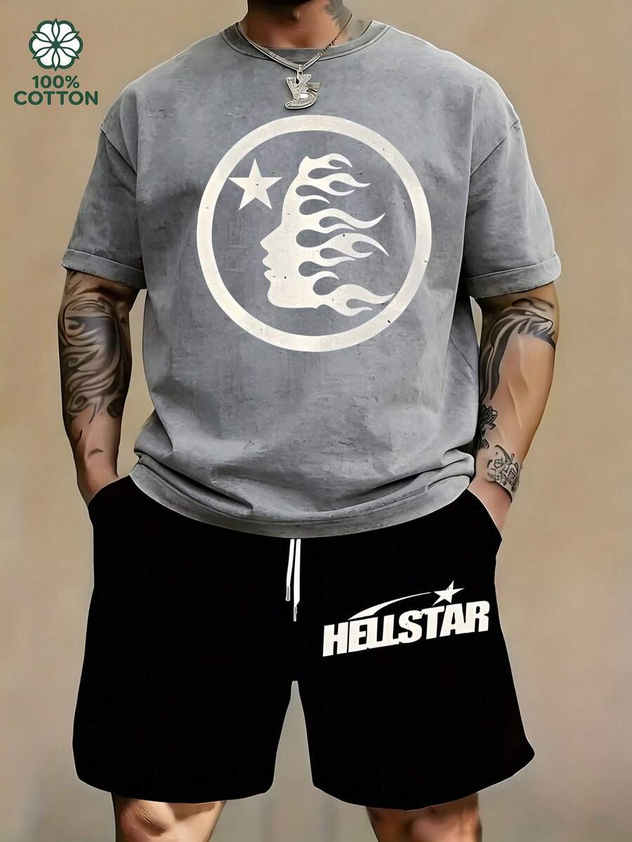 100 Percent Cotton Relaxed-Fit Short-Sleeve Two-Piece Set. Featuring A Flame-Inspired Logo And Star Emblem, This Design Blends Artistic Flair With Distinctive Appeal-A Unique Print That Ensures You Stand Out From The Crowd. Perfect For Everyday Casual Wear, It's An Essential Piece For Spring And Summer Outfits.Gras.Graphic T Shirts.Vintage T Shirts.Men 2 Piece Set.Conjunto Para Hombre.Hellsta R.Men Shorts Set.
