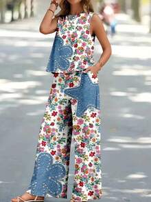 Vacation Must Have Women's Floral & Denim Applique Sleeveless Set, Sweet Retro Loose Wide Leg Pants Two-Piece Set - 彩色 - 查看 4