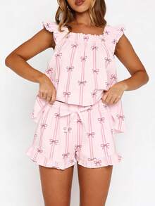 Women Summer Pajama Set Solid Flying Sleeve Tank Tops And Ruffle Shorts 2 Piece Casual Lounge Outfit - Pink - View 3