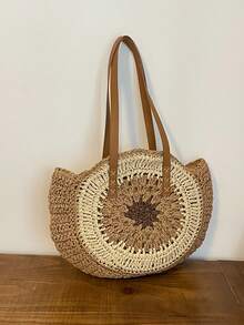 Sac de plage rond classique tressé pour femmes, sac bandoulière en paille, sac à main pour femmes, accessoires de plage, fournitures de plage, nécessité d'été, sac de vacances, élément essentiel des vacances, parfait pour les voyages, les vacances et la plage - Marron - Voir 8
