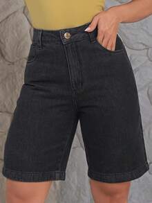 Women's Denim Shorts, High Waist, Casual - màu đen - Xem 2