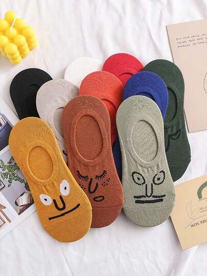 1/4/5/10双装趣味卡通表情女士隐形船袜，多色浅口防滑休闲袜，柔软隐形内衬袜，适合女孩和女士搭配运动鞋、平底鞋。