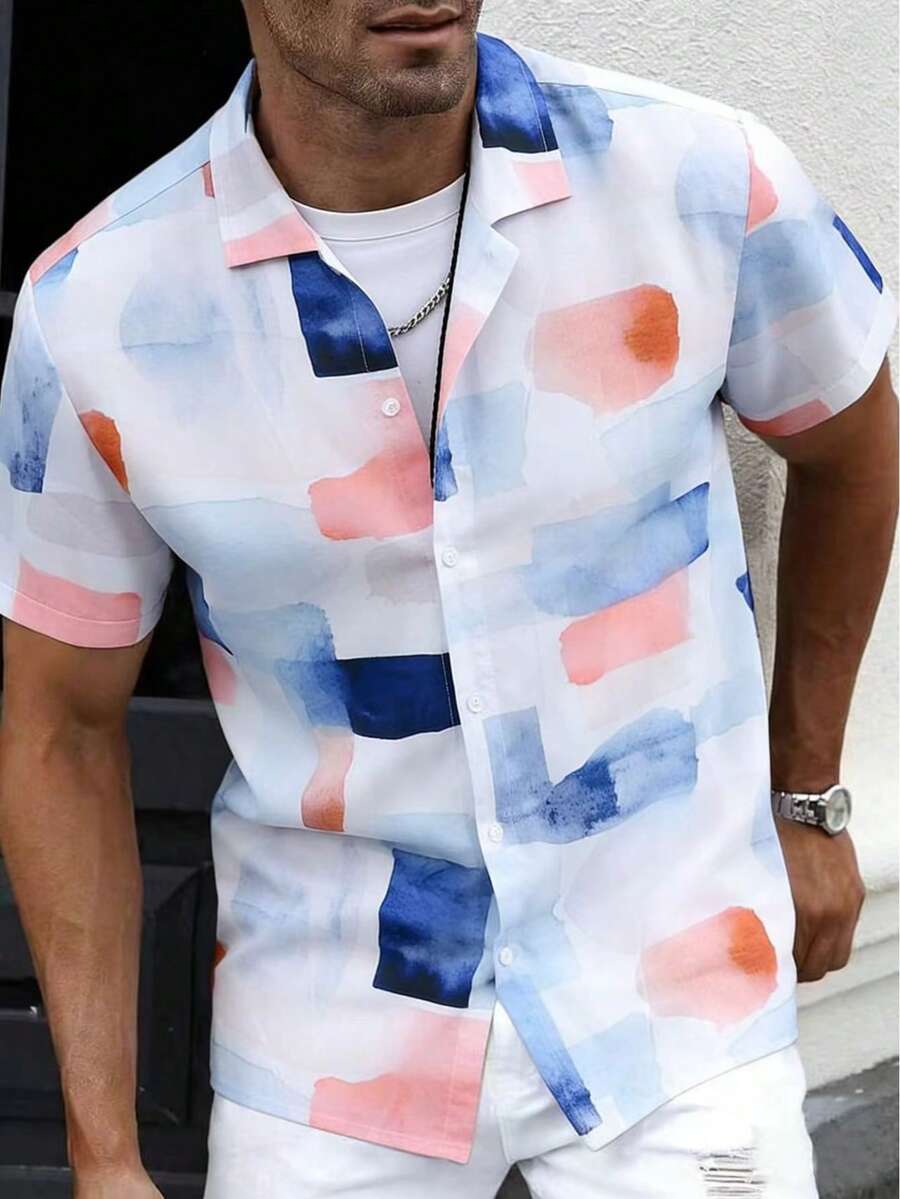 Camisa de manga corta casual para hombre, a cuadros amarillos y azules, ropa de hombre para vacaciones de verano - Azul y blanco - Ver 1