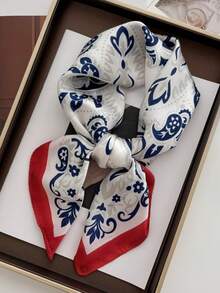 1pc 70*70cm Square Silk Scarf, Women's Satin Printed Headscarf, Neckerchief, Headband, Fashion Ladies Shawl, Scarf - Red Edge Blue and White - View 7
