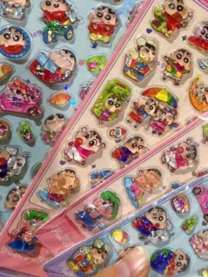 CRAYON SHINCHAN Nhãn dán nổi 3D, nhãn dán đồ chơi giáo dục hoạt hình dễ thương, nhãn dán trang trí vỏ trong suốt, nhãn dán trang trí quà tặng.