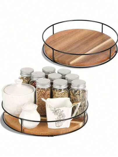 360°-ban forgó, fa sminkrendező acél fogantyúkkal - kozmetikai tároló tálca fürdőszobába és mosdóba, tökéletes apróságoknak és kiegészítőknek