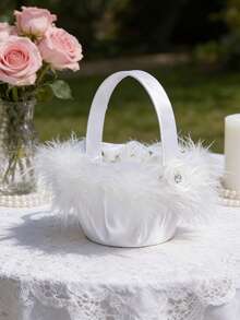 Giỏ hoa cho bé gái bằng ren trắng đính đá, giỏ cưới bằng satin thanh lịch dành cho cô dâu và phù dâu trong lễ cưới. - 1PC - Xem 7