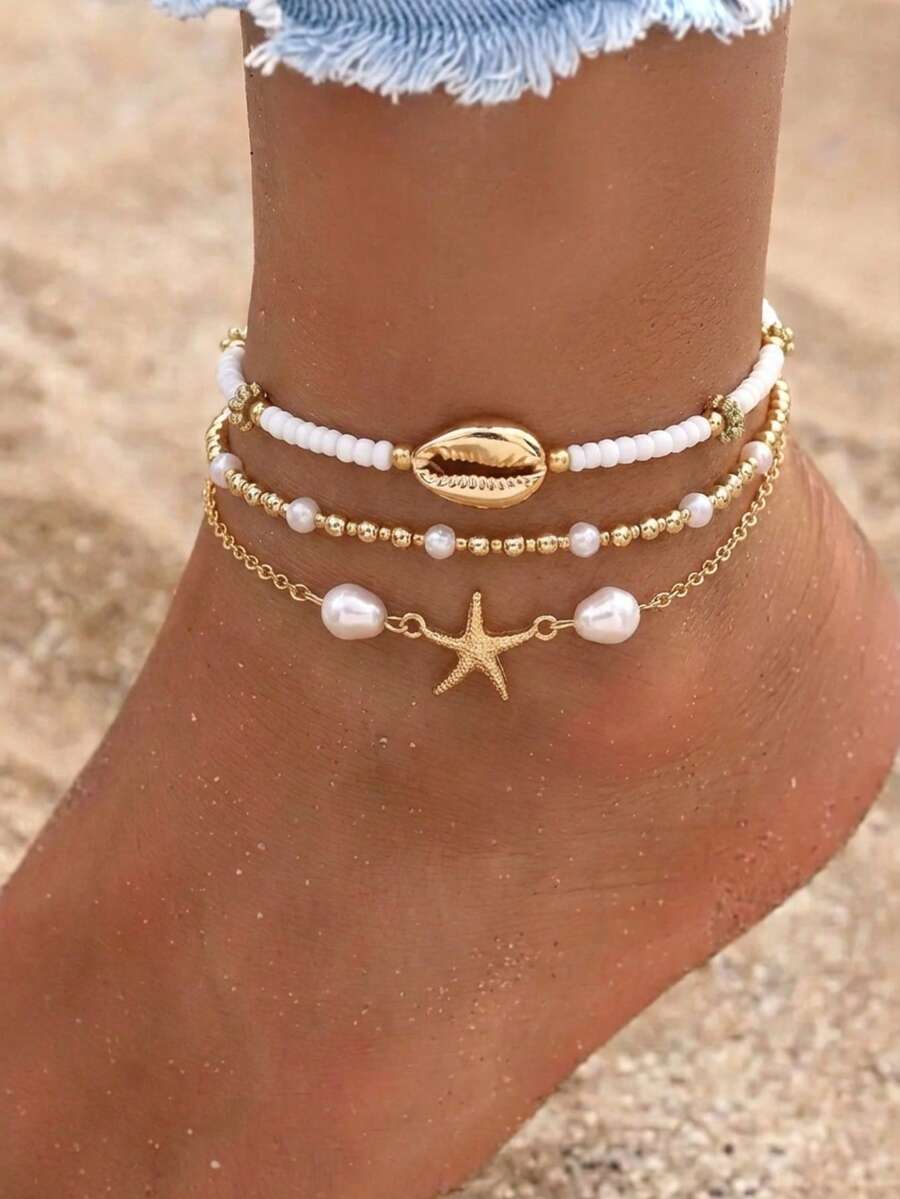 Set de 3 piezas de tobillera de estilo de playa de verano con estrella de mar y concha de aleación y material de cuentas de vidrio para mujeres - Dorado - Ver 1