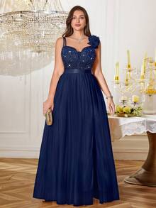 Plus Deep V-Neck Sequin Floral Lace Spaghetti Straps 3D Flower Contrast Mesh Ruched Split Thigh Hem Formal Party Long Dress, Wedding Guest Gown - Navy Blue - View 6