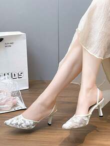 Giày sandal cao gót nữ thời trang ren khoét lỗ mũi kín, kiểu Hàn Quốc mới, mũi nhọn hở gót. - Màu be - Xem 4