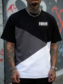 Camiseta de manga corta de cuello redondo con estampado de letras, casual y versátil para uso diario - Negro - Ver 2