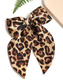 1pc Satin Leopard Print Double-Layer Bowknot Ribbon Hair Clip, Casual Bohemian Palace Style Party Cute Street Elegant, Polyester, Suitable For All Seasons, Claw Clips,Summer,Holiday,Travel - Camel - View 2