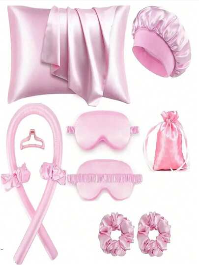10pcs Sleep Hairstyle Design Tool Set, Including 1pc Curling Iron, 1pc Silk Pillowcase, Suitable For Hair & Skin Queen Set, Silk No-Heat Curling Set, Overnight Curler, 1pc Soft Sleep Eye Mask