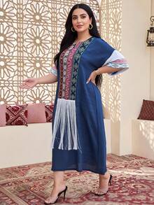 Vestido tradicional elegante de Ramadán 2026 de nuevo estilo, vestido de mujer árabe con bordados coloridos, parches, decoración con flecos y cuello en V - Azul - Ver 8