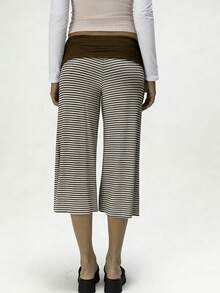Women Y2K Cropped Wide Leg Pants, Retro Horizontal Stripe Polka Dot Print Fold Over Waistband Stretchy Knit Culottes For Streetwear Daily Outings - Màu nâu Sô-cô-la - Xem 2
