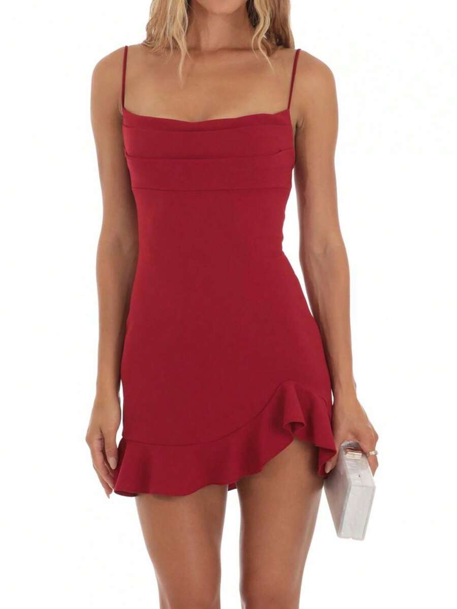 Vestido mini con volantes para mujer, de un solo color, con cuello cuadrado, sin mangas, con tirantes de espagueti, espalda cruzada y ajustado, para uso en clubes - Rojo - Ver 1
