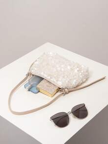 Bolso de hombro con lentejuelas, bolso elegante para mujer, adecuado para gala, atuendos de fiesta, baile de graduación, boda, regalos para mujeres (patrón aleatorio) - Beis - Ver 6