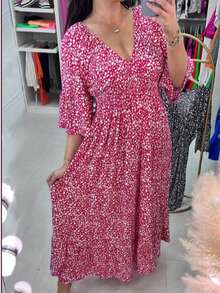 Women's Plus Size Red Floral Wide Leg Jumpsuit - Smocked Bodice Puff Sleeve Square Neck Jumpsuit, Lightweight Breathable One-Piece Outfit For Daily & Weekend Outings - 紅色 - 查看 15